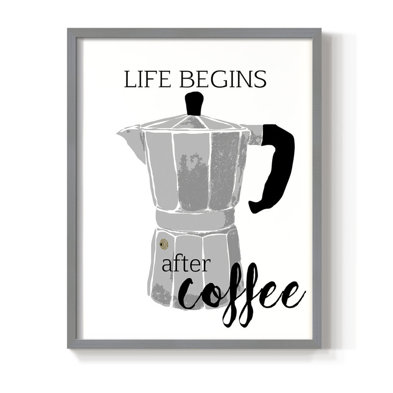 Begins After Coffee, reproduction encadrée - bois massif, H 21 po x l 17 po, Gris