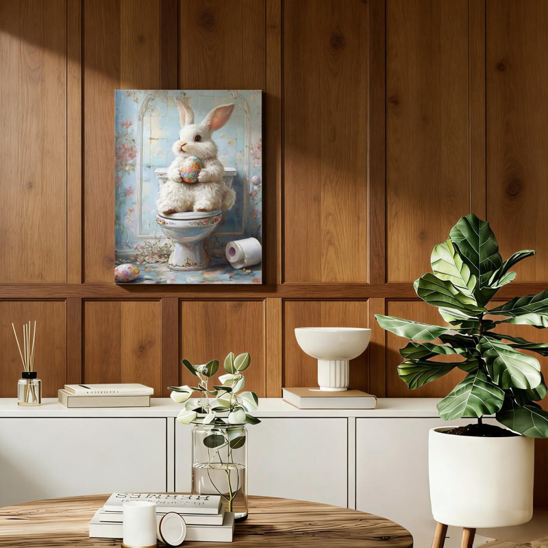 Funny Pink Easter Rabbit Bathroom Canvas Solid Wood Frame Support Prints (16" X 24")