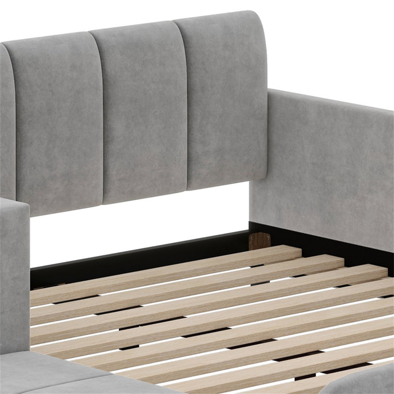 Upholstered Grounded Bed, Child Bed With Bedside Desk And Little Round Stool, Gray, Full