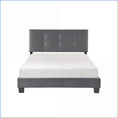Full Size Solid Wood Platform Bed - Dark Gray Velvet Upholstered with Adjustable Height Headboard, No Box Spring Required