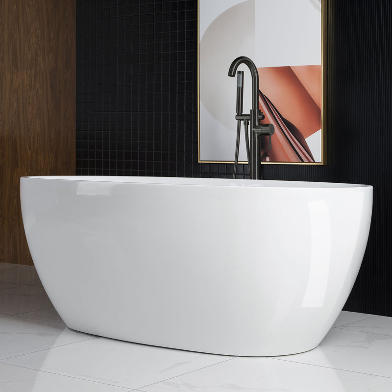 67" x 32" Freestanding Double Ended Soaking Acrylic Bathtub, White, Matte Black