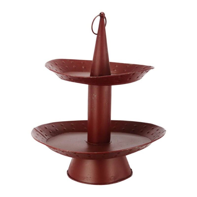 Decorative Tray, 2-Tiered Oval Shape, Loop Handle, 15 Inch Red Metal Finish
