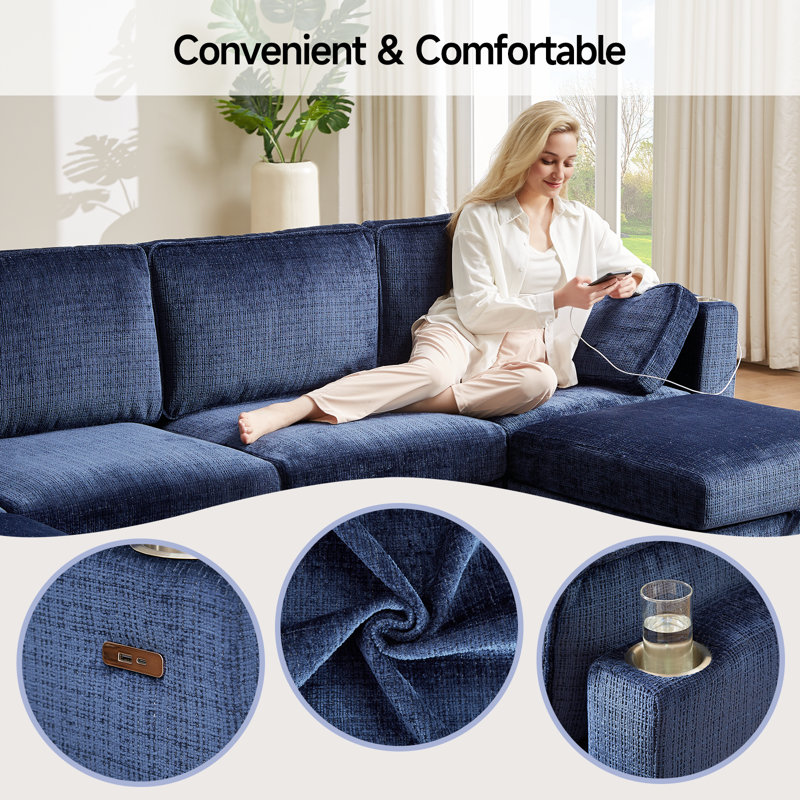110" Blue Chenille U-Shaped Sectional Sofa with Storage and Cup Holder