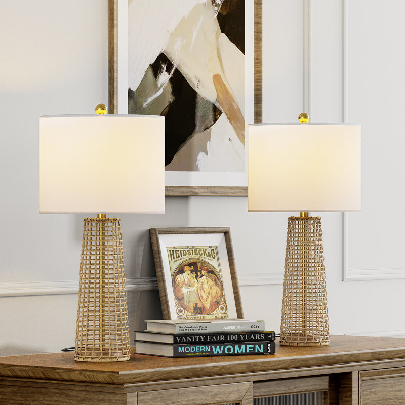 26.5 in. Gold Traditional Dimmable Wicker/Rattan For Bedroom Living Room Bedside Desk Nightstand Table Lamp With Linen Drum Shade