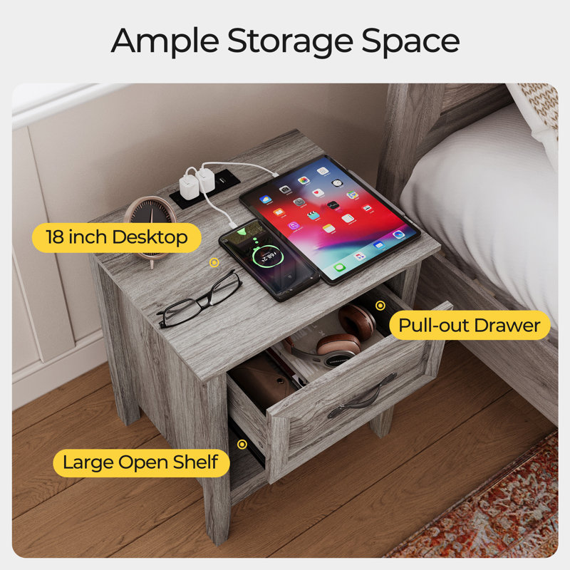 Anyah Farmhouse Nightstand with Charging Station and Storage, Bedside Table with Drawer, Gray