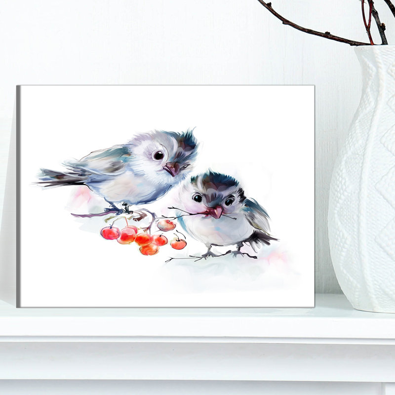 Oiseaux sur une branche avec baies rouges - impression sur toile tendue, H 30 po x l 40 po x P 1 po