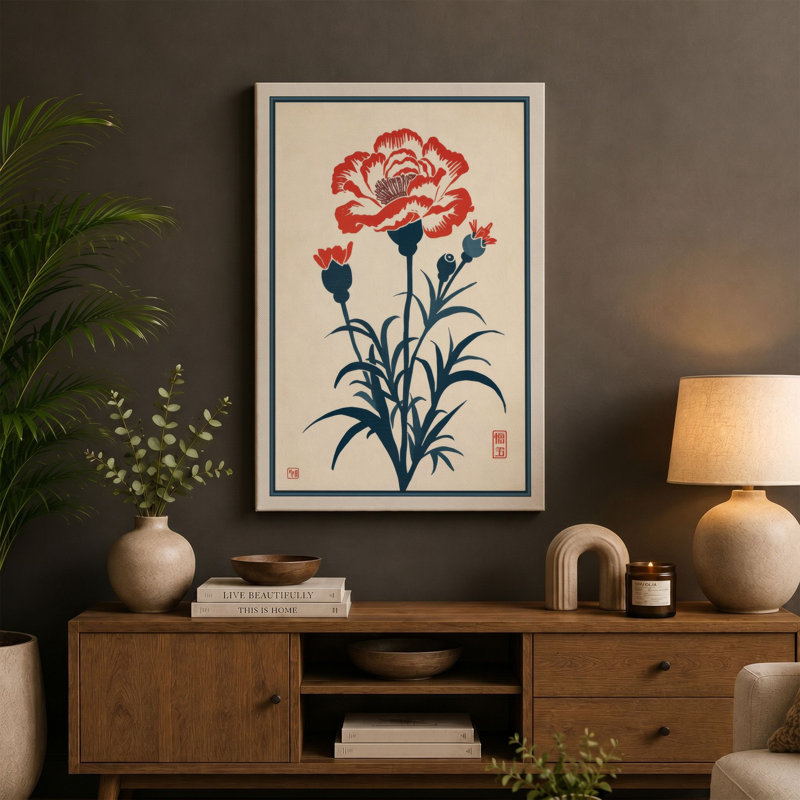 Carnation in Red Botanical - Wrapped Canvas, 36x24 - 91.4 x 61.0 cm, Black Border