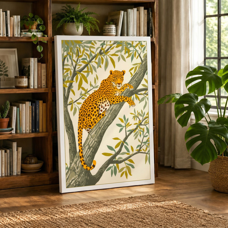 Resting Leopard Botanical - Wrapped Canvas, 30x20 - 76.2 x 50.8 cm, Black Border