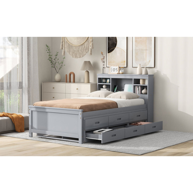 Lit simple avec rangement pour tête de lit et 3 tiroirs en bois massif gris pour une chambre de détente et un lit gigogne pratique
