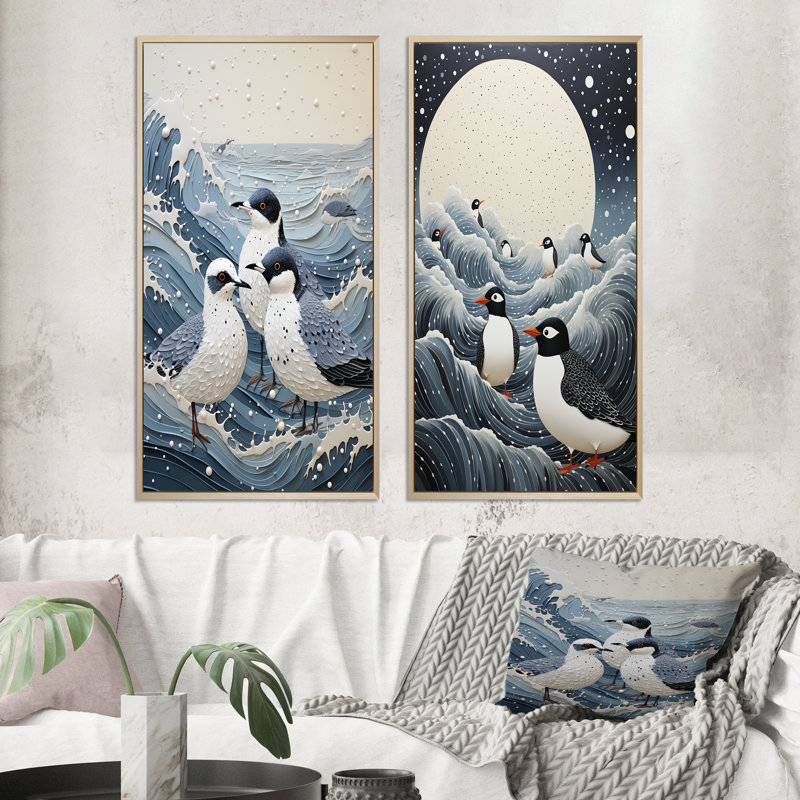 Beach Seagulls Haven Pointillism "Beach Seagulls Haven Pointillism" 2 - pièces sur, Encadrement brun, H 40 po x l 40 po