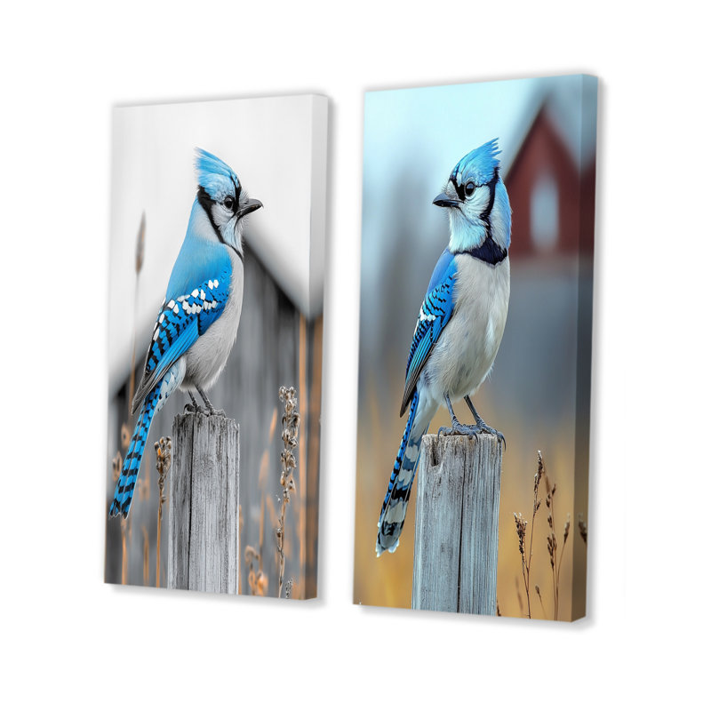 Photo de geai bleu dans la cour I - Collection d'art mural 2 panneaux animaux, H 28 po x l 25 po, Toile tendue