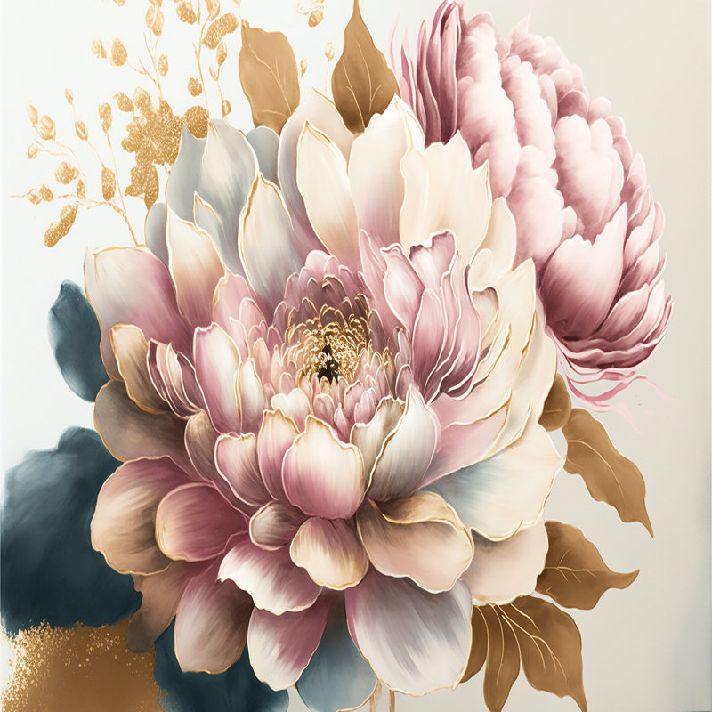 Rose et fleur de dahlia doré - Art mural sur toile floral et botanique, Cadre flottant noir, H 12 po x l 20 po x P 1 po