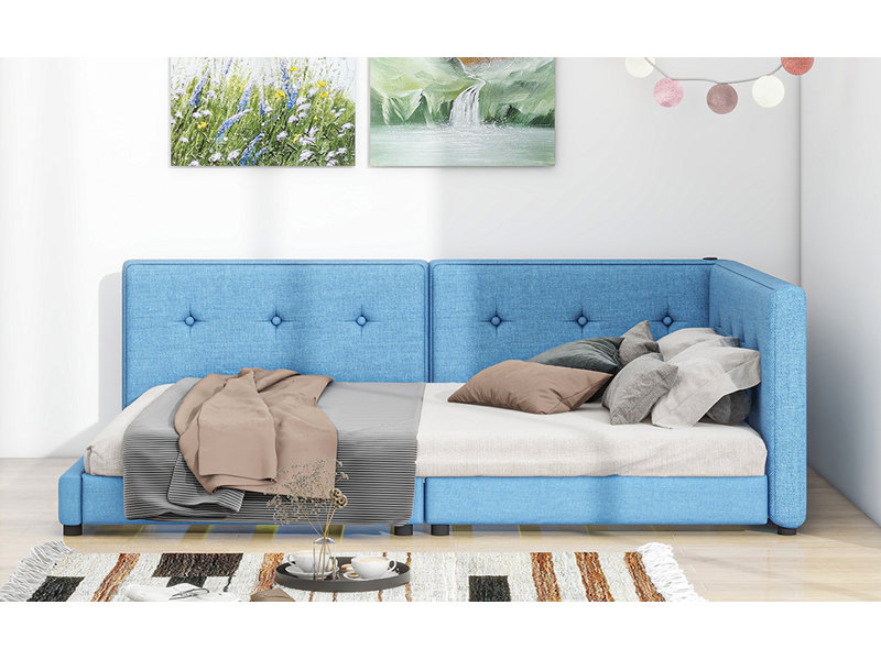 Lit plateforme tapissier avec ports USB, Bleu, Grand lit