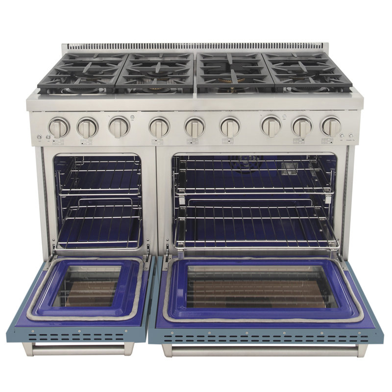 48 in. 6.7 cu. ft. Natural Gas Range Two Ovens in Olive Green with True Simmer Burners, Light Blue, Liquid Propane