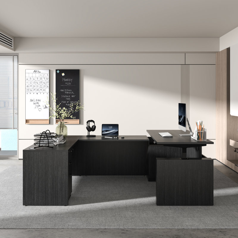 Nekisha U-Shaped Height Adjustable Executive Desk With Pre-Assembled Frame and Lockable 3-Drawer File Cabinet, Gray