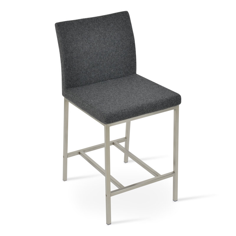 Tabouret Aria, Tabouret de comptoir (siège d'une hauteur de 24 p, Acier Inoxydable, Laine gris foncé