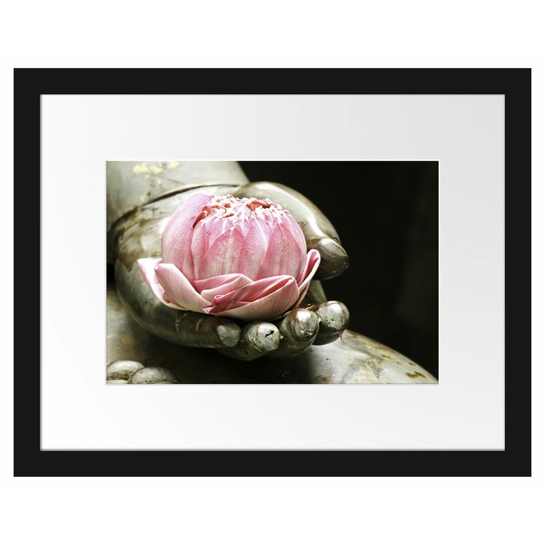 Gerahmtes Poster Lotus auf der Hand eines Buddhas