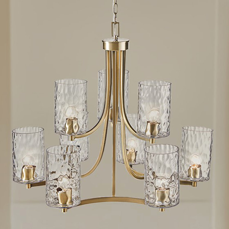 Lustre rond à niveaux 9 lumières avec abat-jour en verre texturé