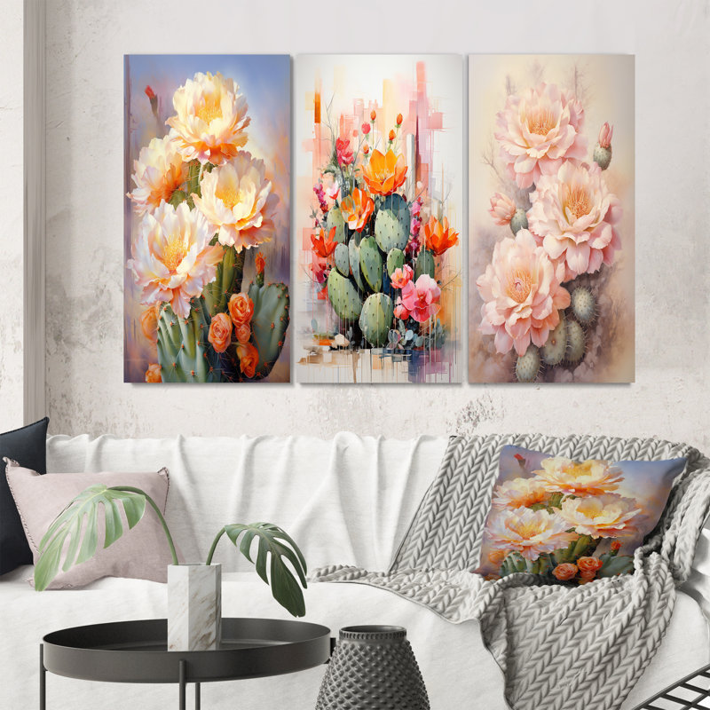 «Pink Green Cactus Romantic Impression», 3 pièces sur toile, H 28 po x l 36 po, Toile tendue