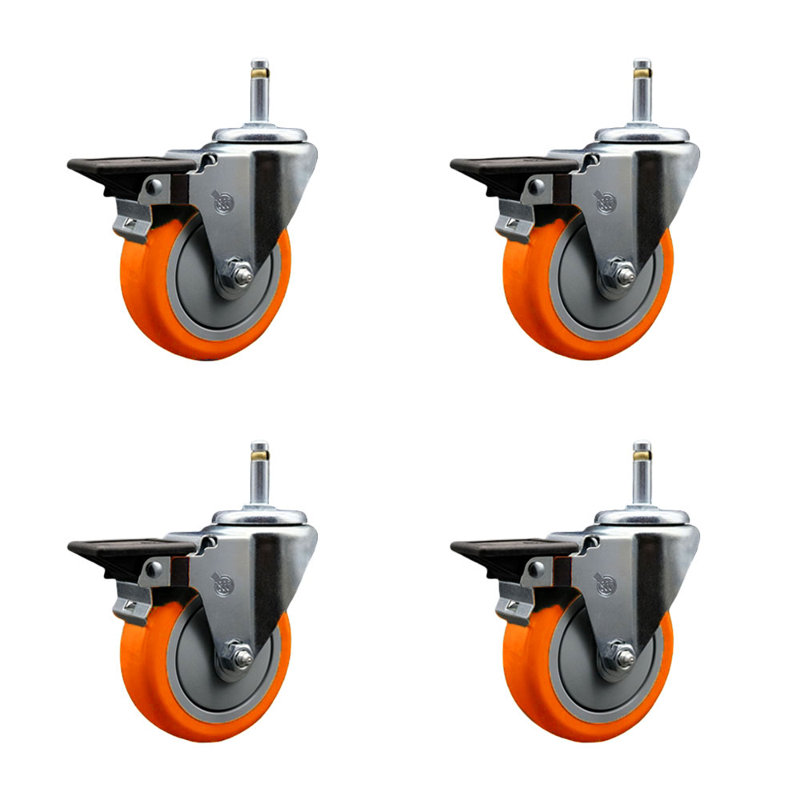 Ensemble de roulettes à tige pivotante en poly 4 po 7/16 po avec frein, Orange