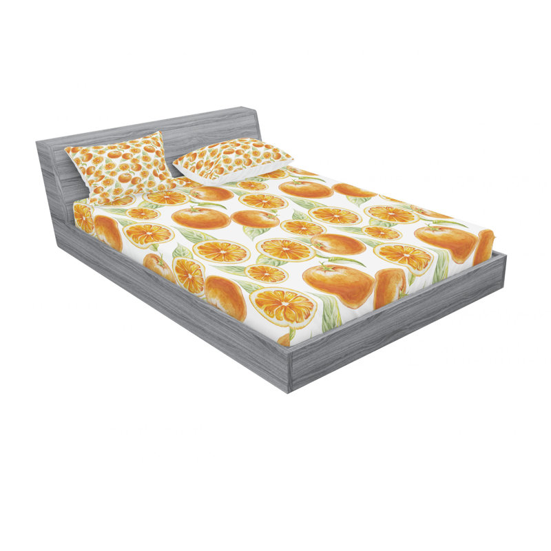 Microfiber Geometric Sheet Set, Queen Sheet Set with Fitted Sheet, Fruit Leaves Citrus