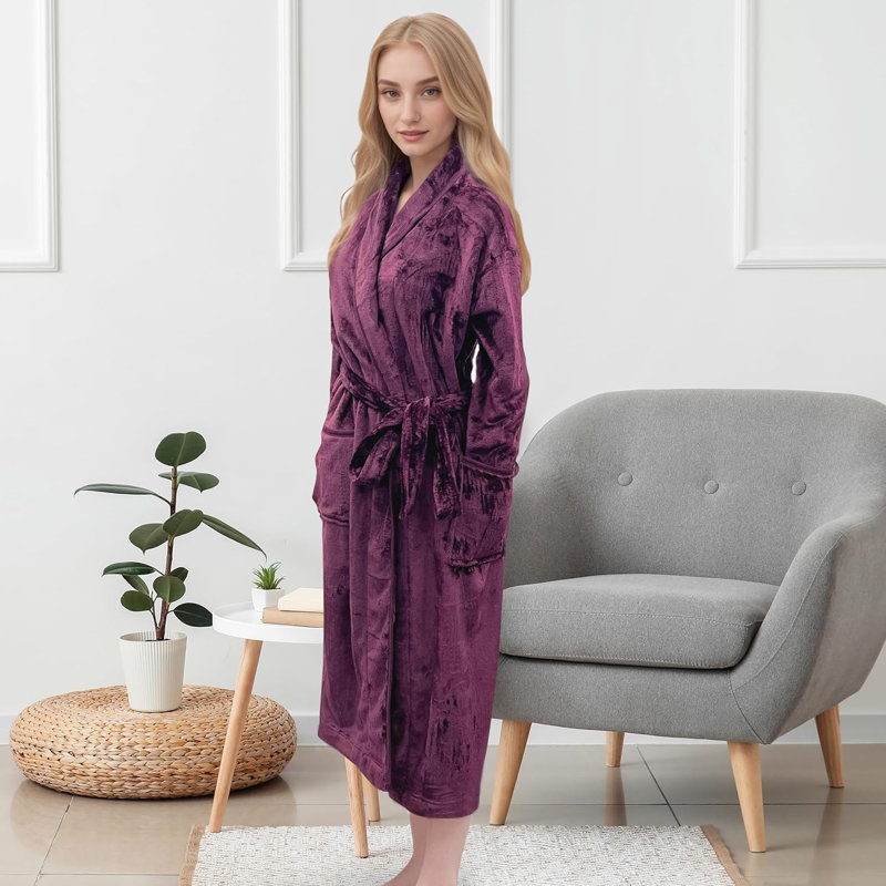 Peignoir en molleton luxueux pour femme avec col châle et poches Elegant Comfort Luxurious, XL, Purple