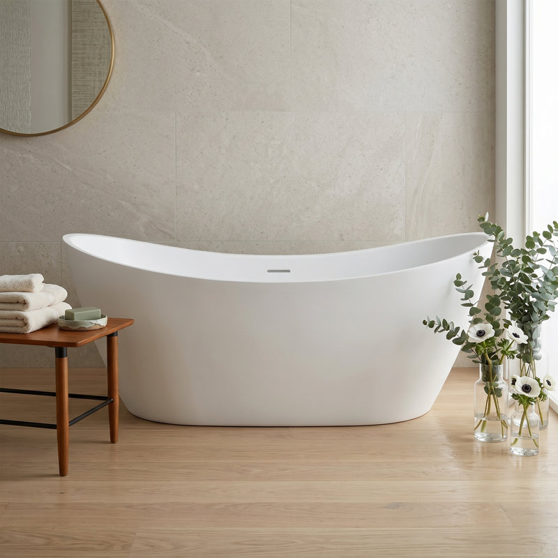 63" Glossy White Acrylic Double Slipper Freestanding Bathtub With Integrated Slotted Overflow And Center Drain - Luxury Contoured Soaking Tub