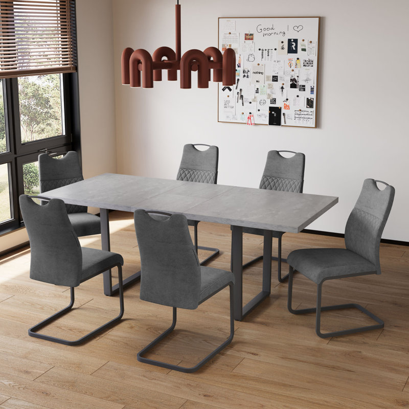 Modern Dining Table Set with Extendable Wooden Table and Upholstered Dining Chairs for Kitchen and Dining Room (Set of 6)