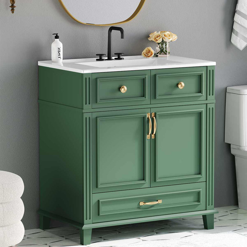 Meuble-lavabo de 30 po avec lavabo en céramique, armoire de rangement avec portes à fermeture douce et tiroirs, Vert, Or