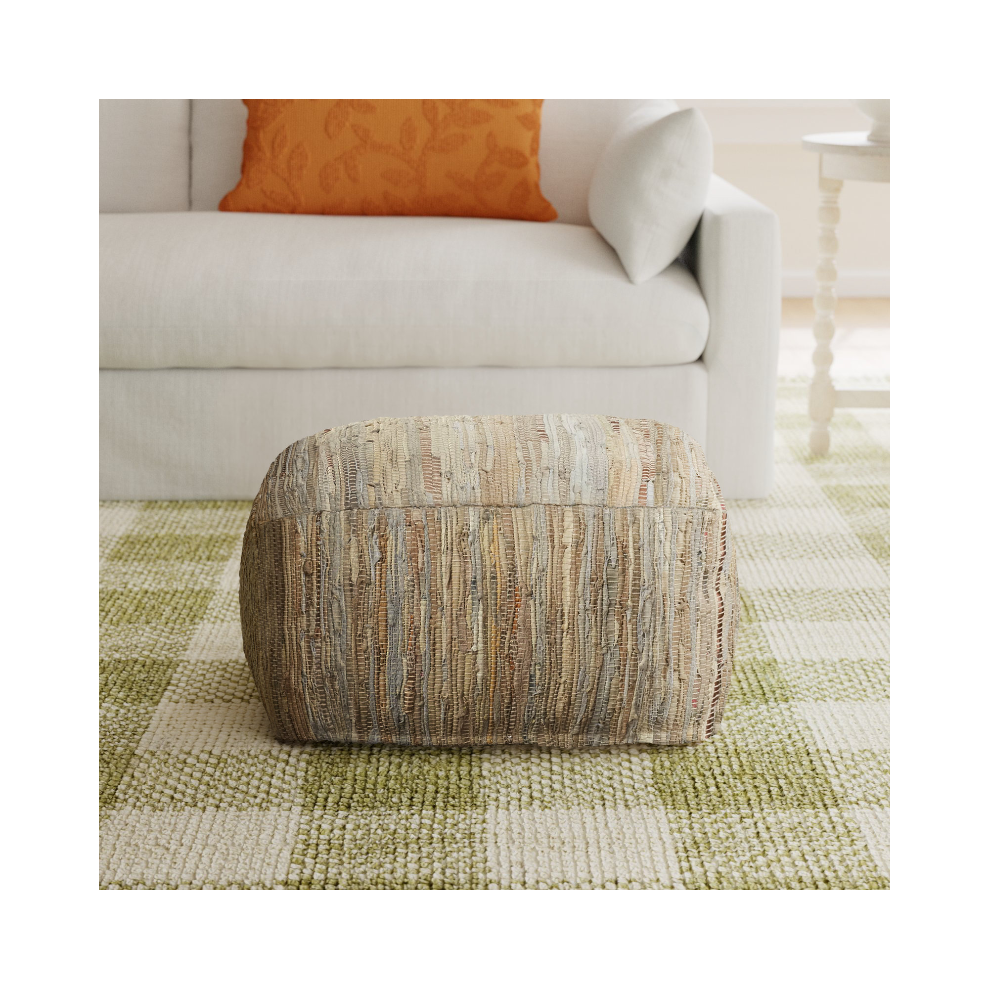 Carden Leather Pouf, Cream Genuine Leather