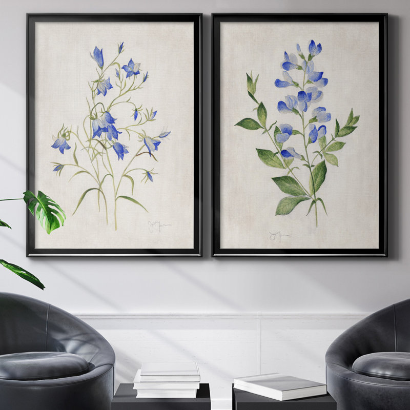 «Blue Botanical I», ensemble de 2 reproductions d'art, Pas de tapis, Toile avec cadre noir, H 30,5 po x l 42,5 po x P 3 po