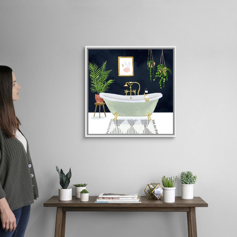 Boho Bath I - reproduction d'art sur toile, Cadre flottant blanc, H 25,7 po x l 25,7 po x P 1,75 po