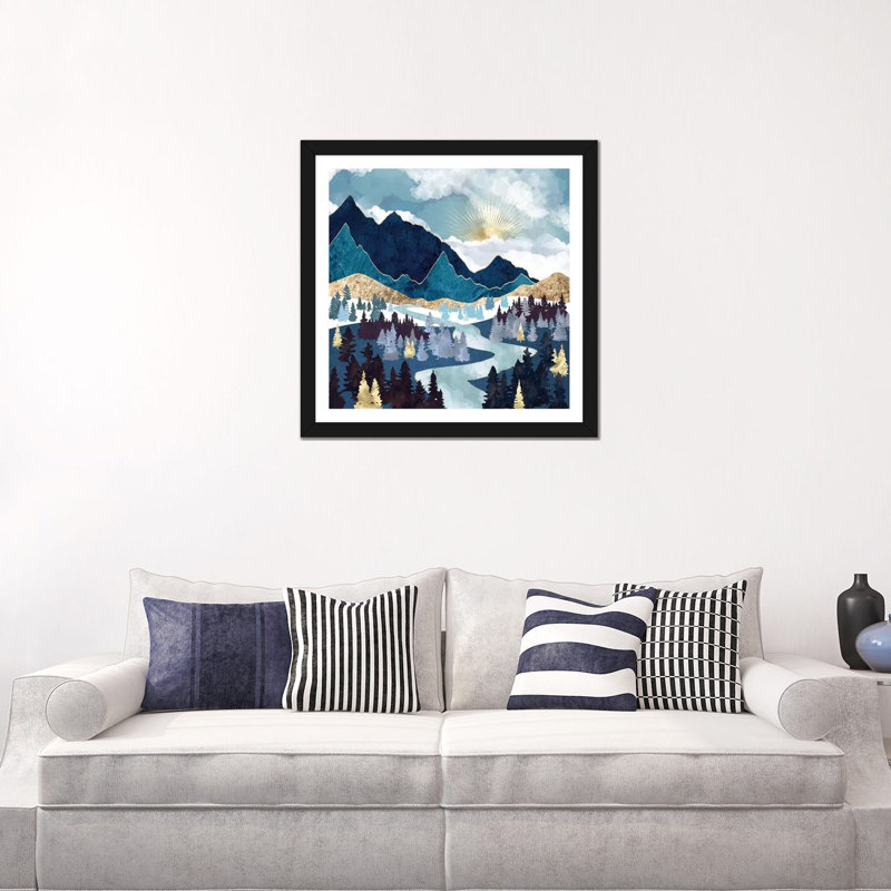 Valley Sunrise - impression d'art graphique, Blanc, H 16 po x l 16 po x p 1 po, Papier encadré noir