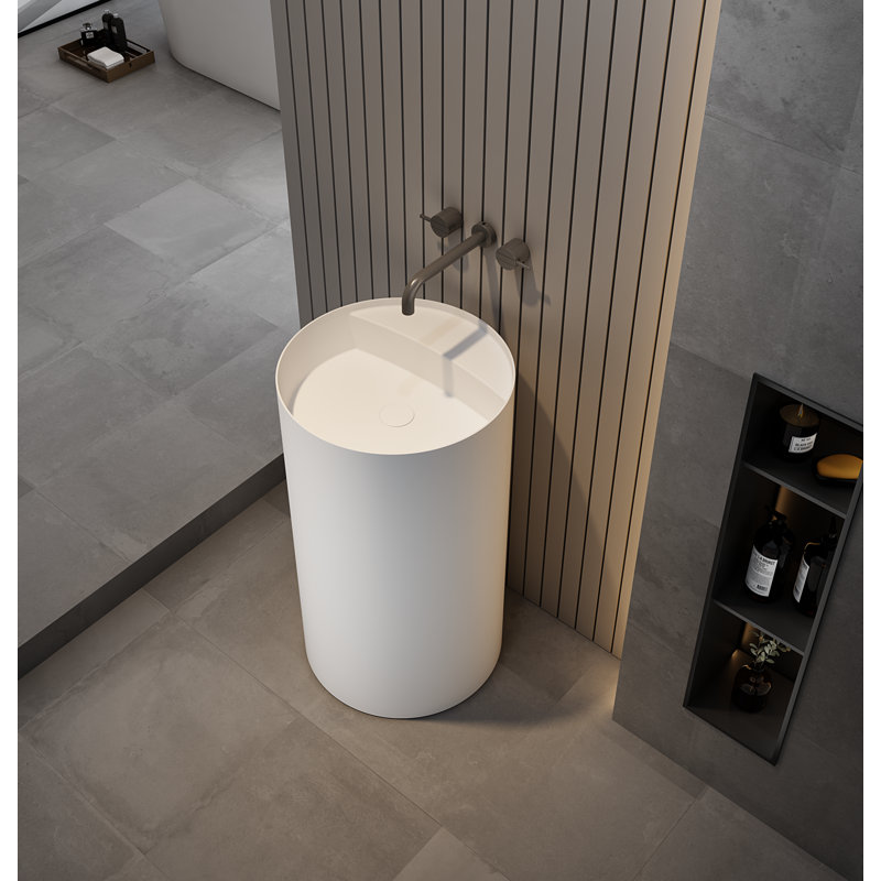 Lavabo de salle de bain rond à surface solide 19 po Monblari blanc mat, L 18,90 po x l 18,90 po x H 33,46 po