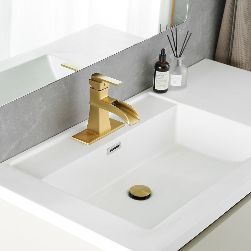Robinet de salle de bain avec plaque de cascade, or brossé, bonde escamotable, conduites d'alimentation, poignée simple, look moderne à une poignée