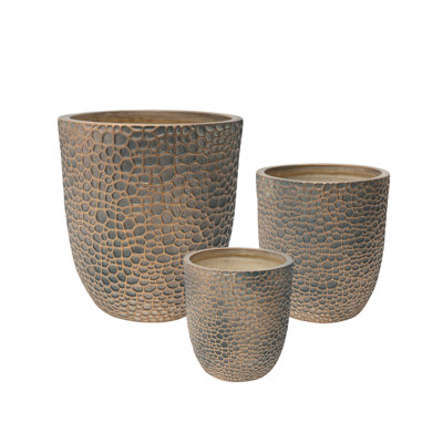 Grand pot de fleurs d'intérieur pour l'extérieur avec 3 pots de fleurs ronds en oxyde de magnésium de 15,73 po, 11,4 po et 7,87 po, ornements modernes et contemporains pour espaces, gris doré - bleu