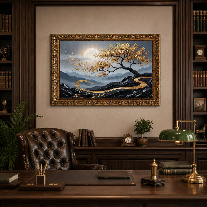 Golden Tree With Moonlit Mountains Canvas Wall Art, 16"H x 24"W