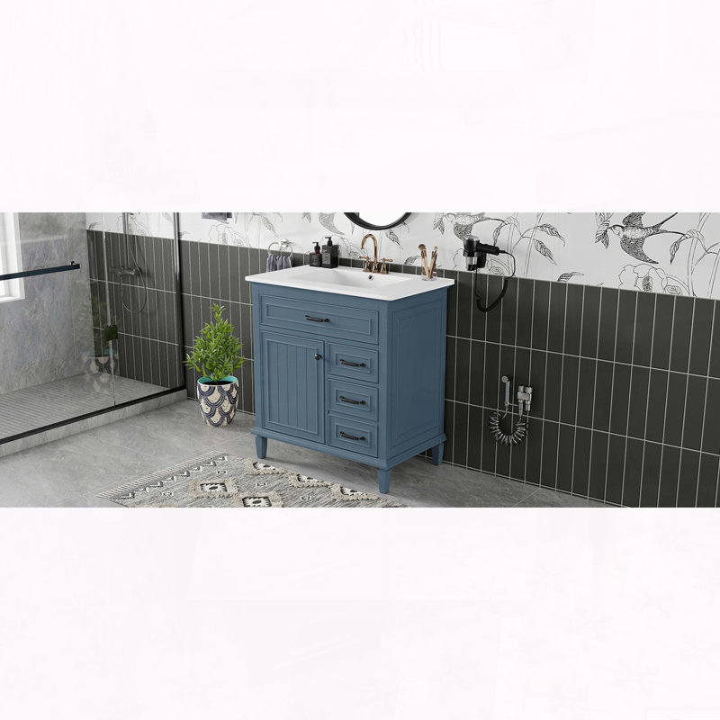 Meuble-lavabo en bois massif de 30 po avec tiroirs rabattables et tablette réglable, Blue Gray