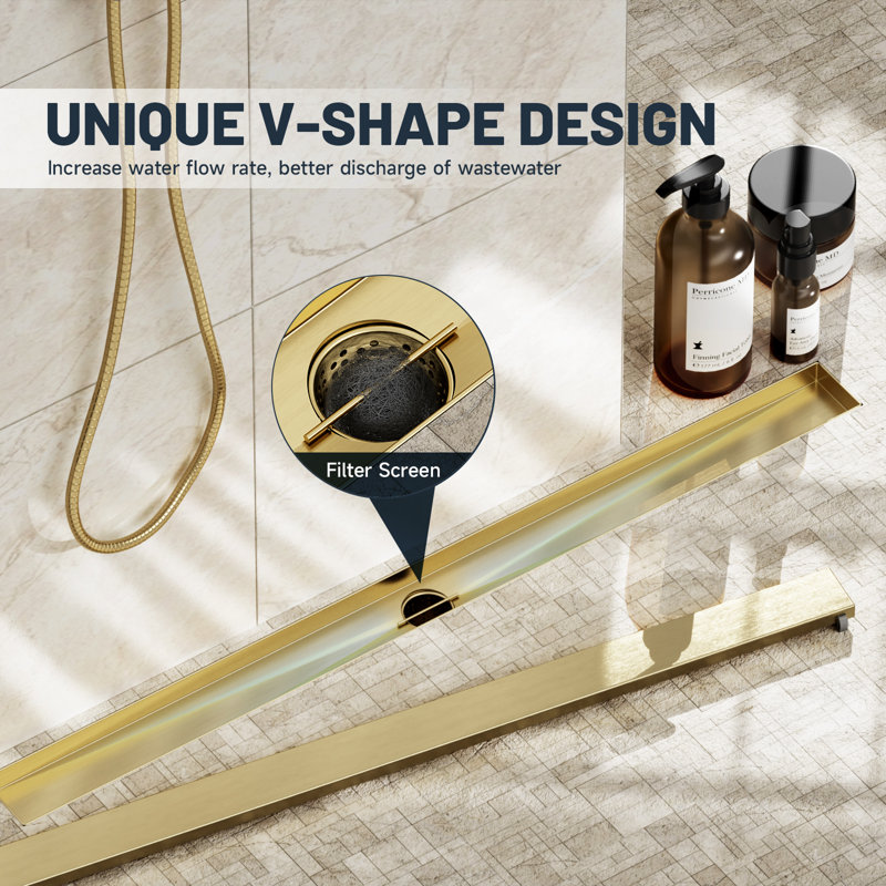 36 In. Shower Drain With 2-In-1 Tile Insert Panel With Square Pattern Drain Cover, Brushed Gold