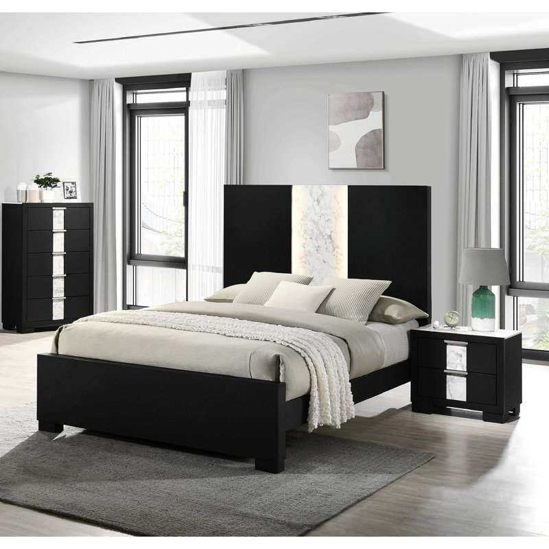Mobilier de chambre à coucher contemporain en bois avec tête de lit et panneau de lit 1pc, Très grand lit, Noir / blanc