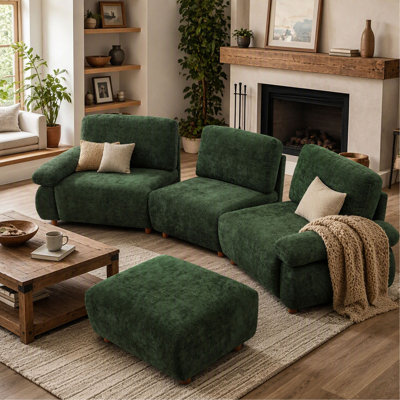111 Inch Modern Modular Sectional Sofa, Chenille Upholstered L-Shape Couch with Removable Ottoman