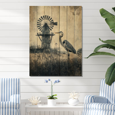Grey Monochrome Heron By The Windmill II - Heron Animal Wood Wall Art - On Natural Pine Wood