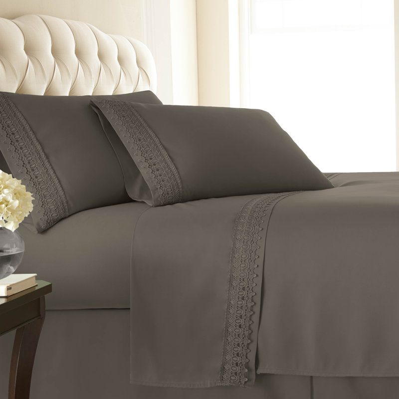 Jaquil Extra Deep Pocket Microfiber Sheet Set with Lace Hem, King, Dark Taupe