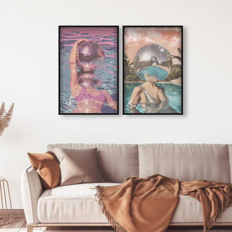 Oliver Gal Swim in Disco Set Fashion and Glam - Diamond Dust Framed Shadowbox Art, 46.5" H x 31.5" W, Black