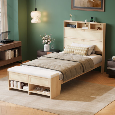 Twin Size Pine Wood Platform Bed, Rattan Design, Storage Headboard With Charging Station, Shelves And Ottoman For Bedroom