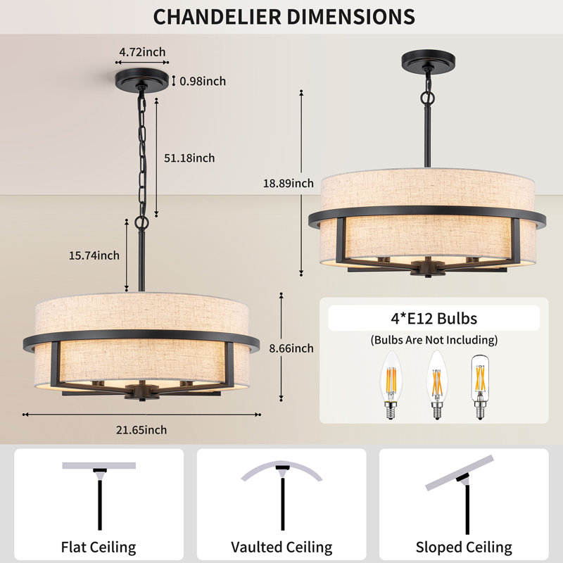 Bazilijus 4 - Light Dimmable Drum Chandelier, Black