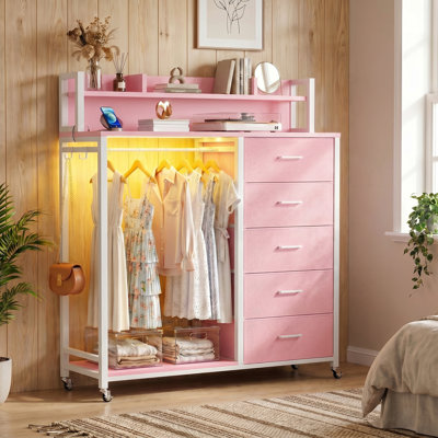 Gourley 5 Drawer LED Dresser with Clothes Hanging Rod and Shoe Rack