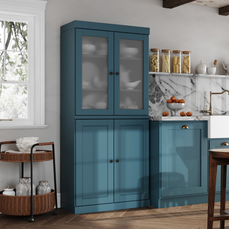 Garde-manger 100% bois massif 32 po avec portes en verre givré, Bleu sarcelle