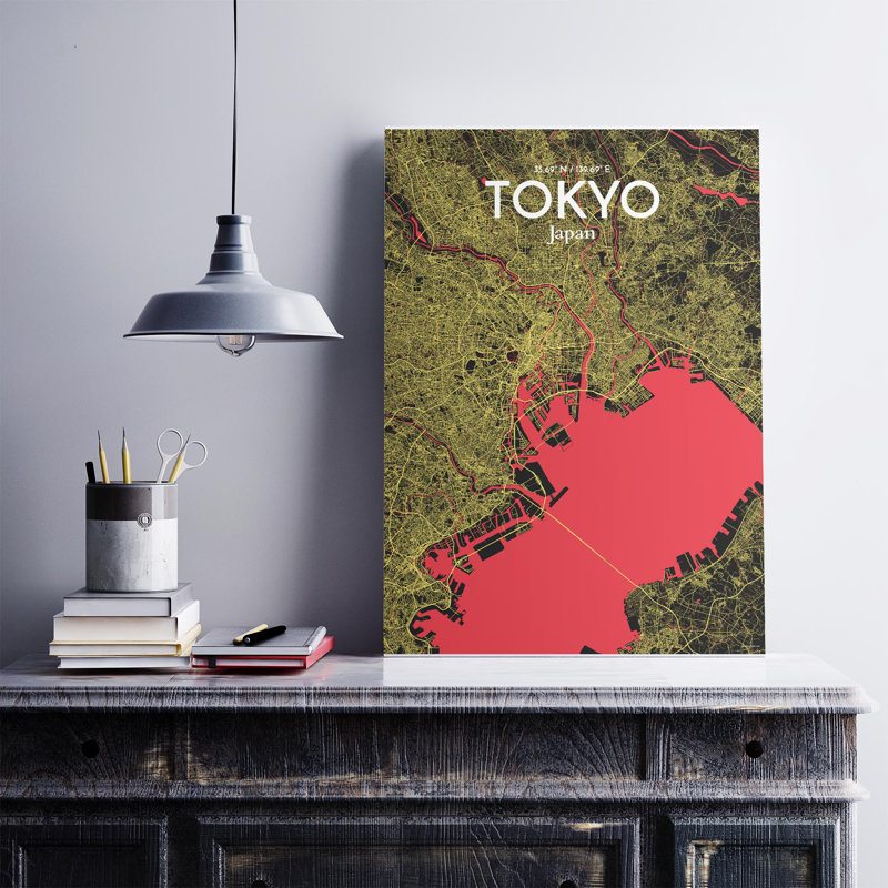 Carte de la ville de Tokyo, impression, H 27,6 po x l 19,7 po, Noir / rouge / jaune