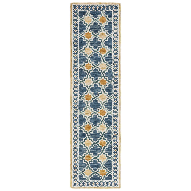 Tapis bleu marine / jaune en laine / coton touffeté à la main, Tapis de couloir 2 pi 3 po x 9 pi